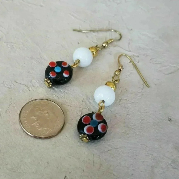 Handmade India Lampwork Glass Black White Red Raw Brass 2" Long Dangle Earrings - Picture 4 of 4
